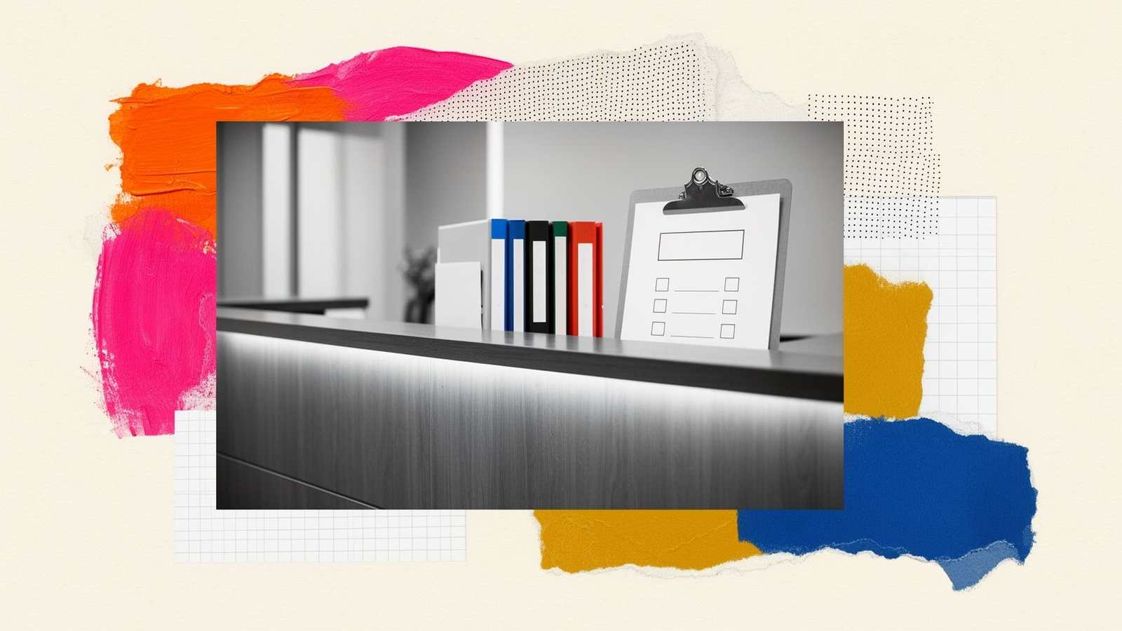 Задание на курсовую работу: коллажная иллюстрация планшета с бланком индивидуального задания и цветными папками проектов на столе преподавателя