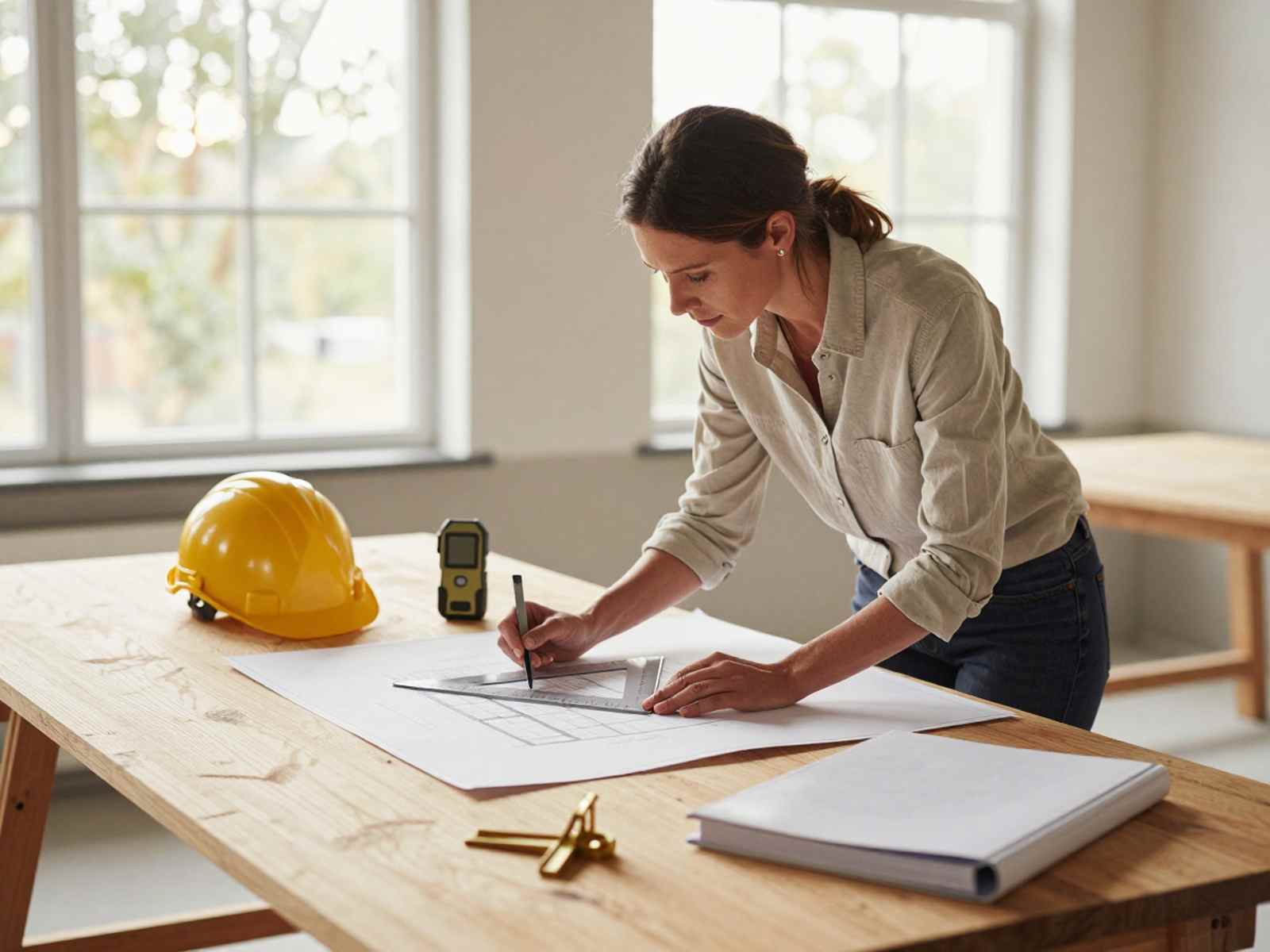 Сметное дело в строительстве: специалист за чертежным столом с масштабной линейкой, каской и проектными чертежами