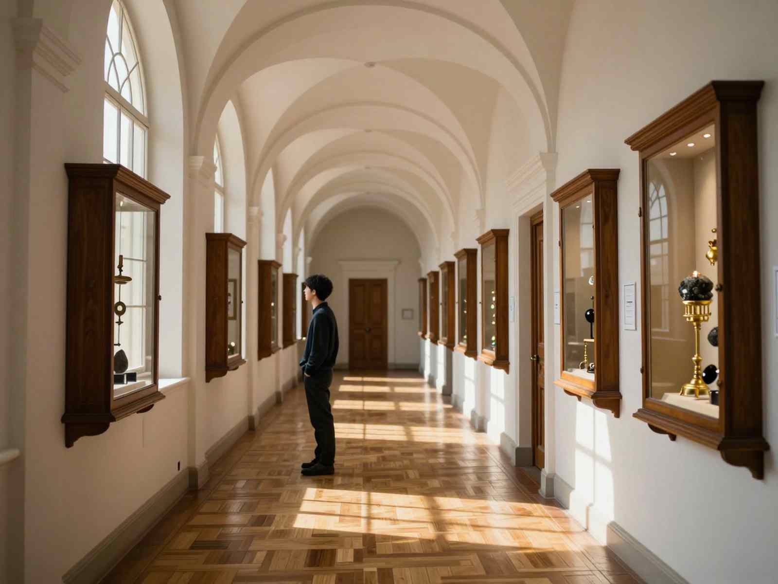Обзор факультетов СПбГУ: исторический сводчатый коридор университета с экспозицией научных приборов и минералов в застекленных витринах