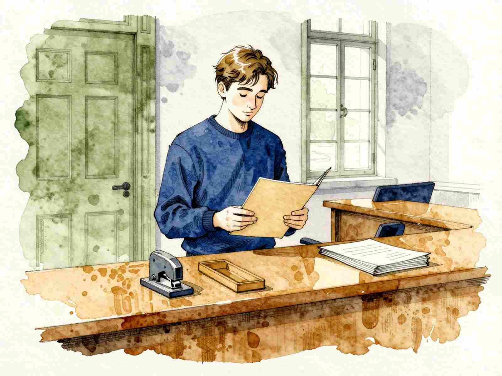 Что делать студенту, если он не согласен с отчислением: студент у стойки университетской комиссии с папкой документов для апелляции