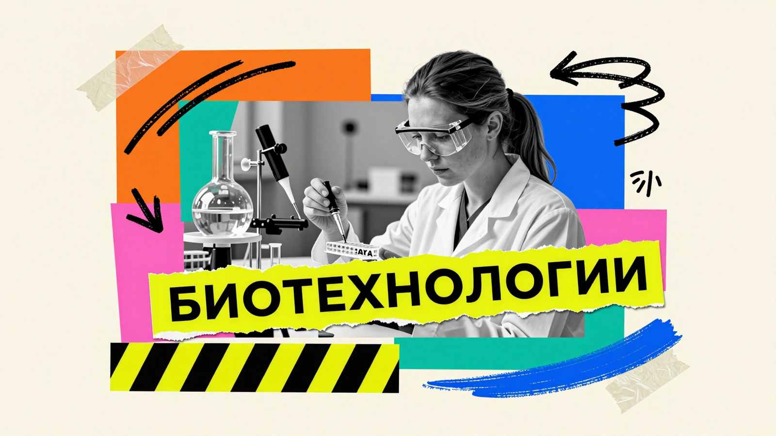 Обучение на биотехнологическом факультете: коллаж с исследователем, лабораторным биореактором, планшетом для клеточных культур и надписью БИОТЕХНОЛОГИИ