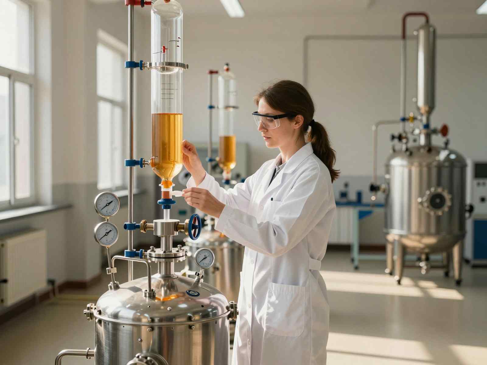 Обзор подразделений РХТУ имени Менделеева: исследователь в технологическом корпусе университета возле промышленной ректификационной колонны химического синтеза