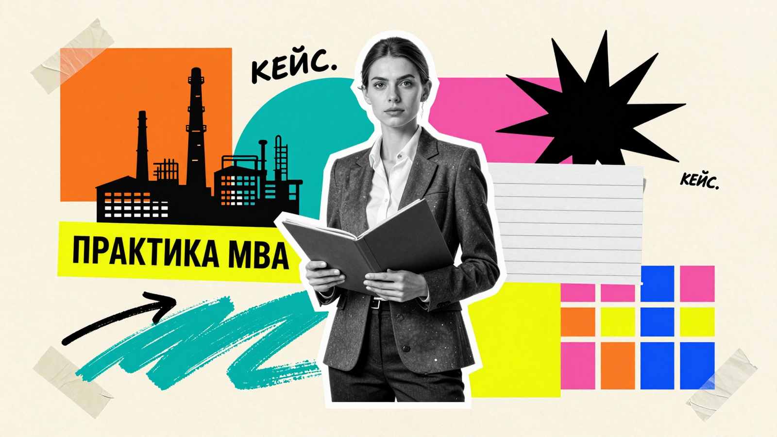 Практическая часть дипломной работы МВА: коллаж с руководителем предприятия, заводскими схемами и элементами бизнес-анализа