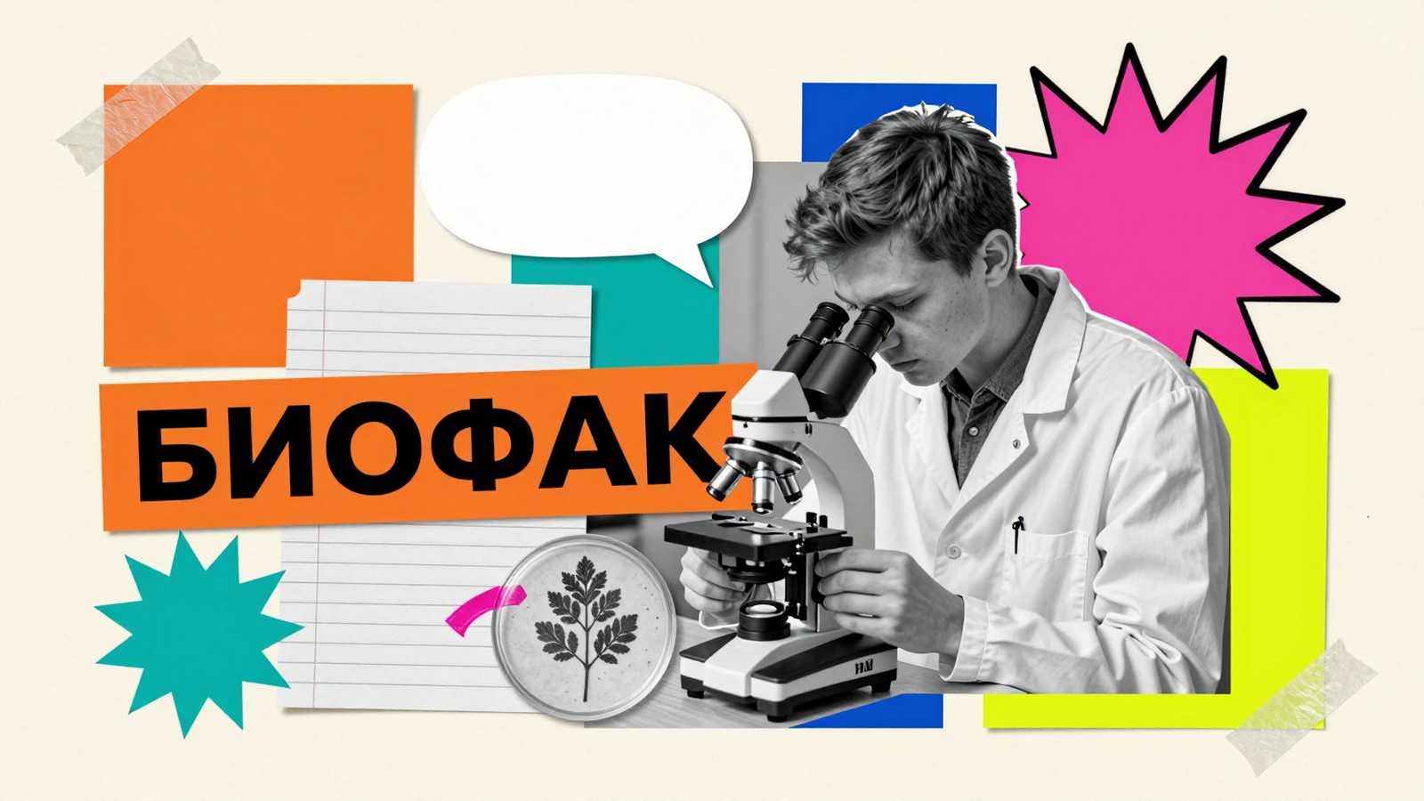 Обучение на биологическом факультете: студент в лабораторном халате за микроскопом в коллаже с чашкой Петри и гербарием