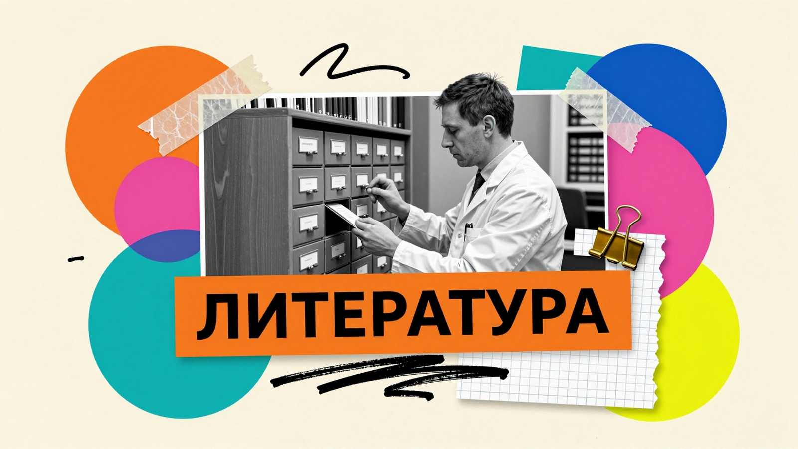 Обзор литературы в курсовой работе: концептуальный коллаж с архивной картотекой первоисточников и карточками научного цитирования