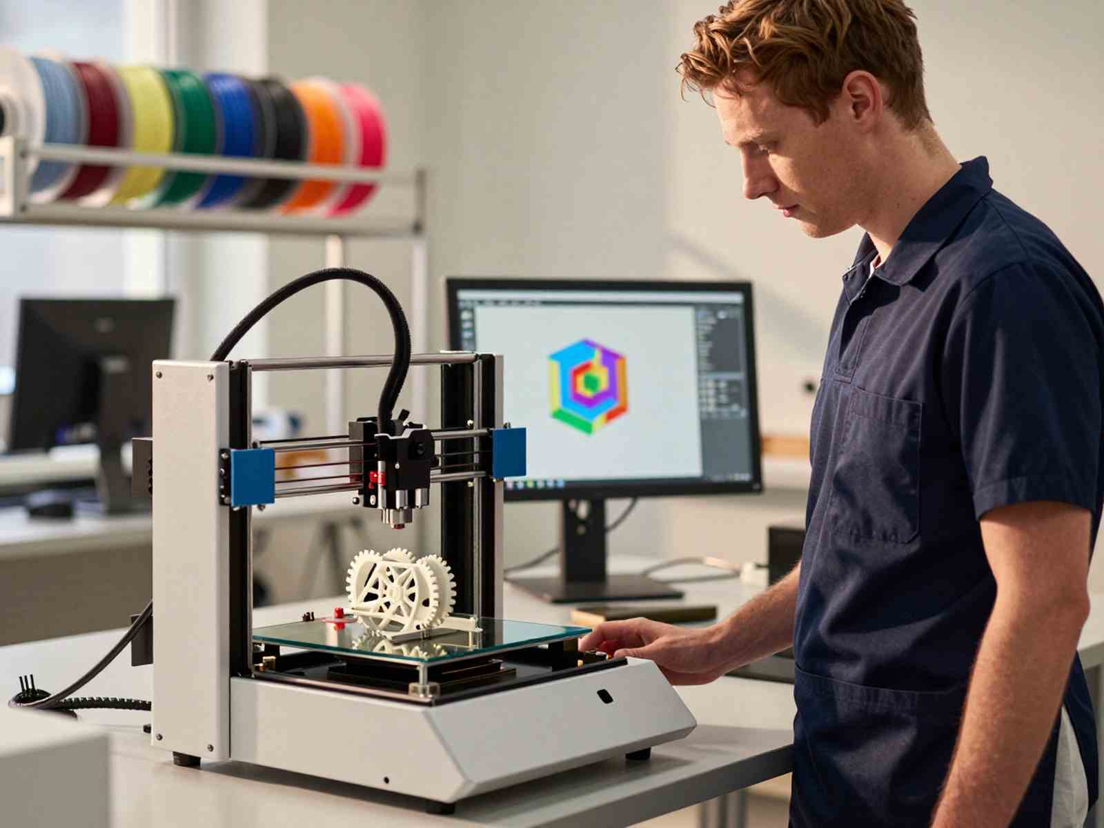 Направление 3D-печати: современная лаборатория аддитивных технологий с 3D-принтером и объемной полимерной моделью детали