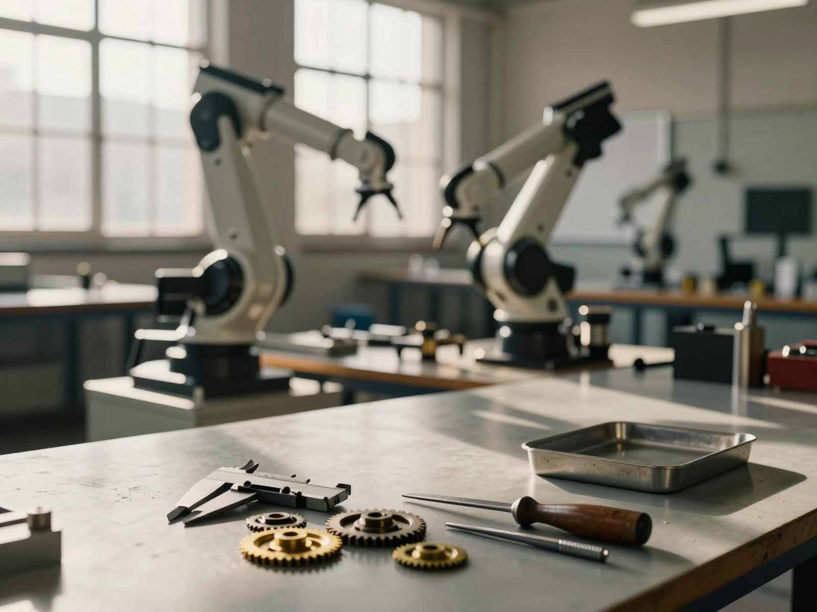 Исчезающие профессии к 2030 году: верстак с ручными инструментами на фоне роботизированного манипулятора в заводском цехе