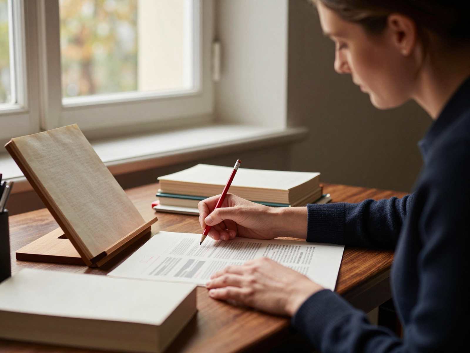 Корректировщик текстов: вычитка печатной гранки красным карандашом за рабочим столом корректора в издательстве