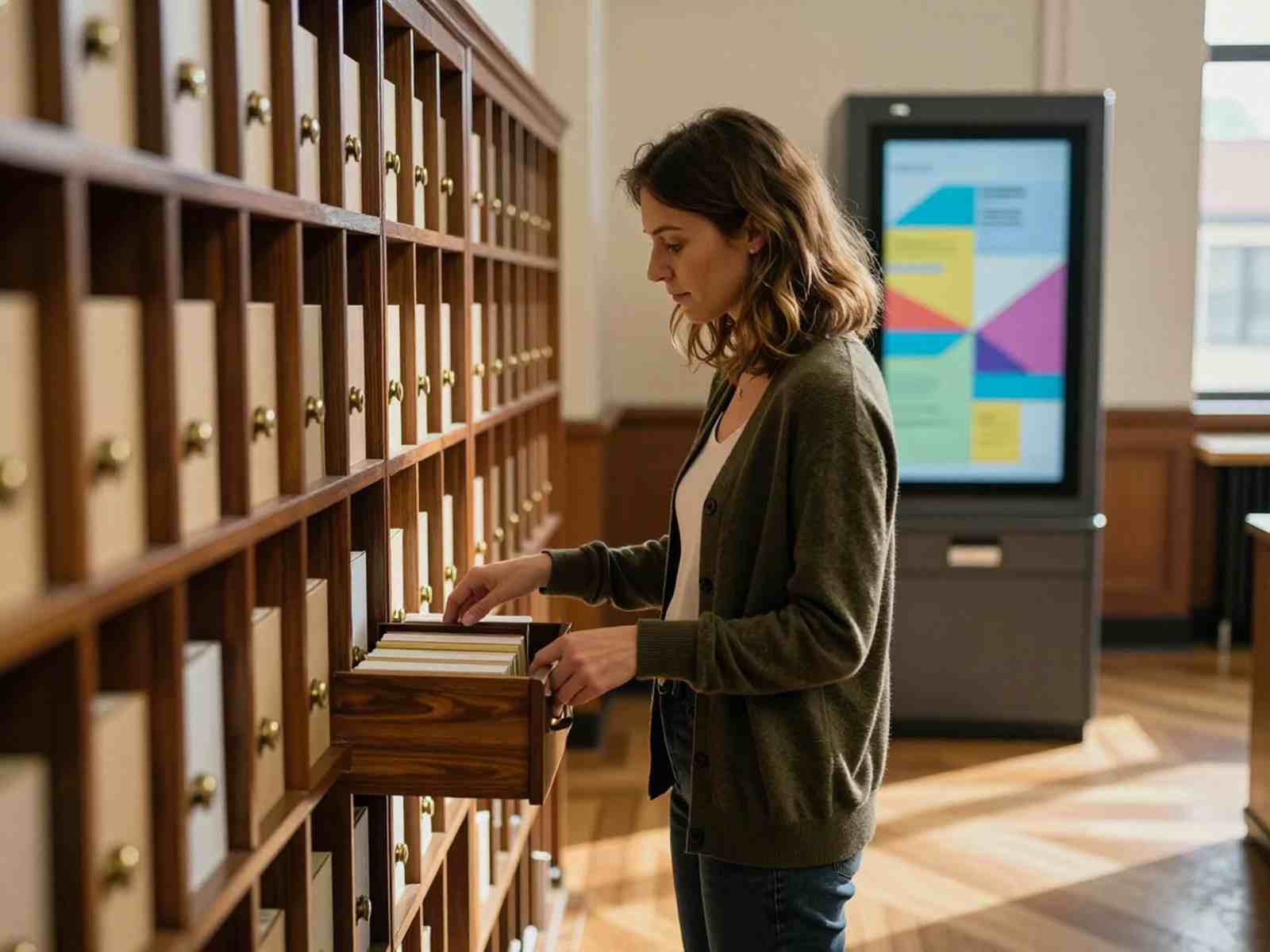 Профессия библиотекаря может исчезнуть: сотрудница архива рядом с традиционным деревянным картотечным каталогом и современным терминалом
