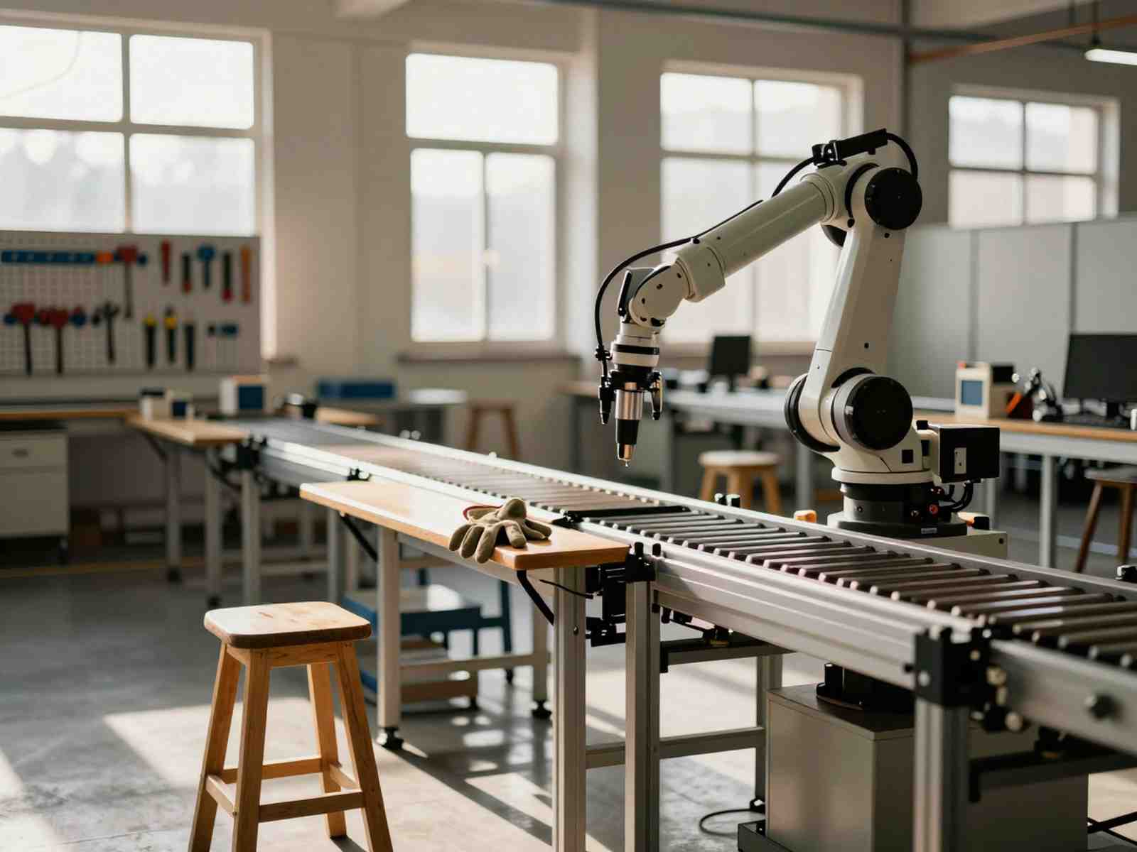 Исчезающие профессии к 2030 году: промышленный робот на конвейерной линии рядом с опустевшим ручным рабочим местом на производстве