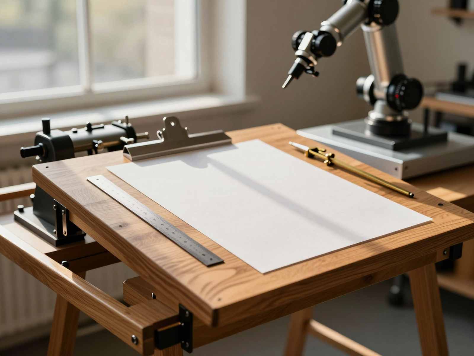 Исчезающие профессии к 2030 году: классический кульман для ручного черчения с механическими инструментами на фоне роботизированного оборудования