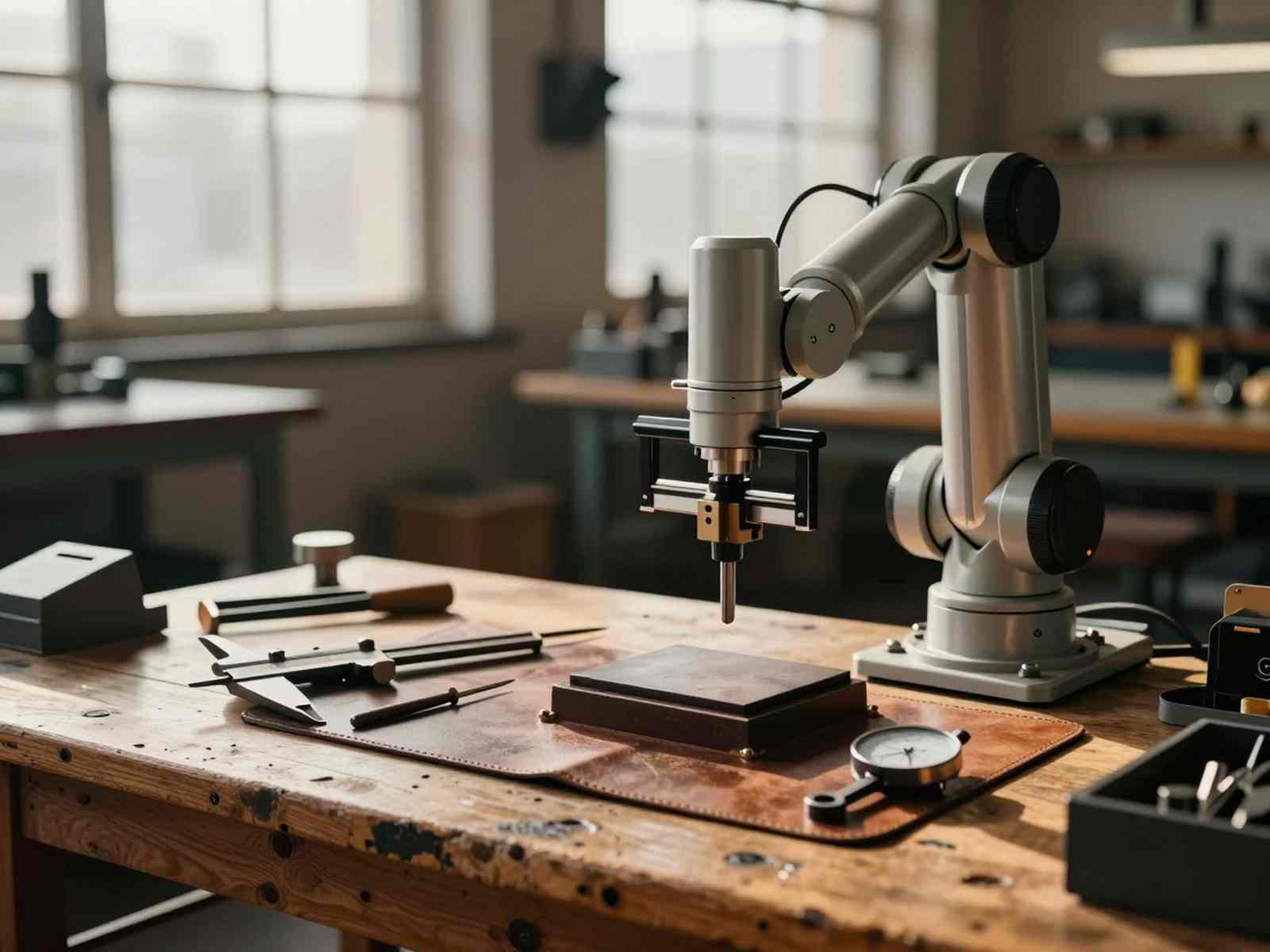 Перечень исчезающих профессий к 2030 году: ручные измерительные инструменты мастера рядом с роботизированным манипулятором на заводском верстаке