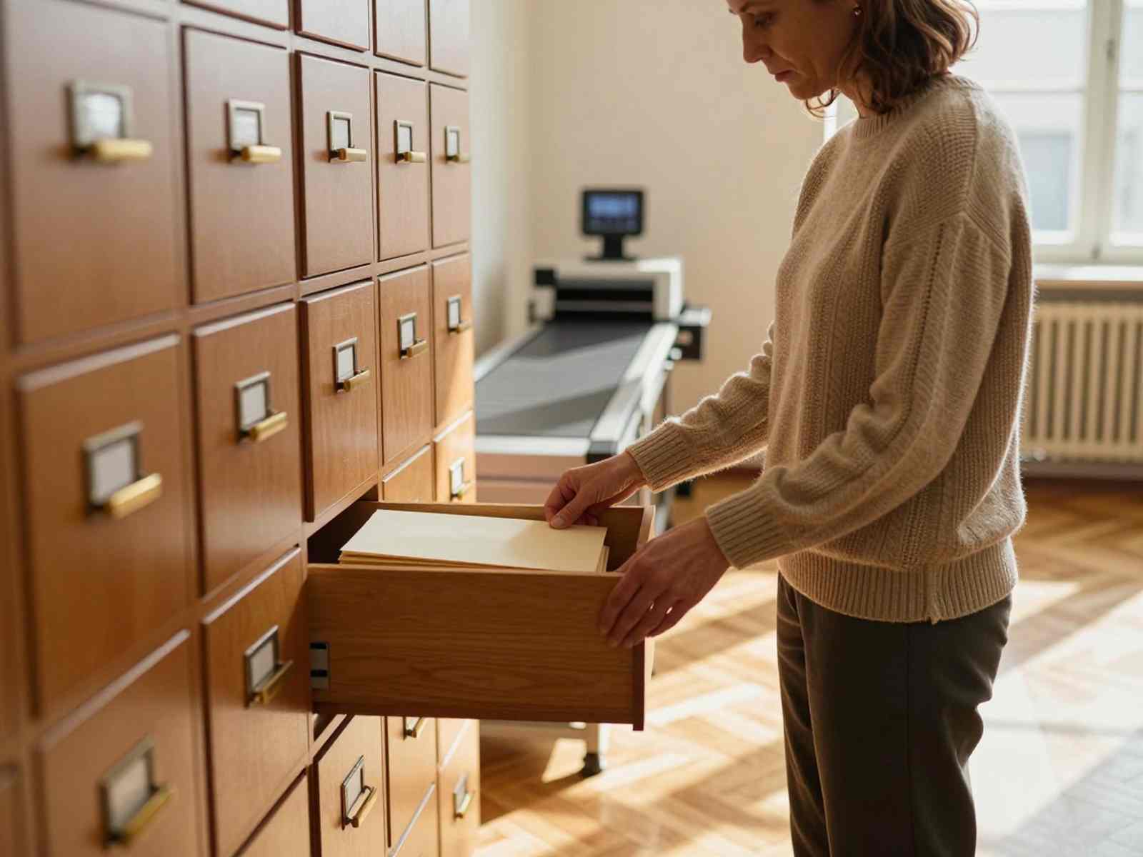 Перечень исчезающих профессий к 2030 году: архивариус раскладывает карточки в деревянном каталоге на фоне автоматизированного сканера