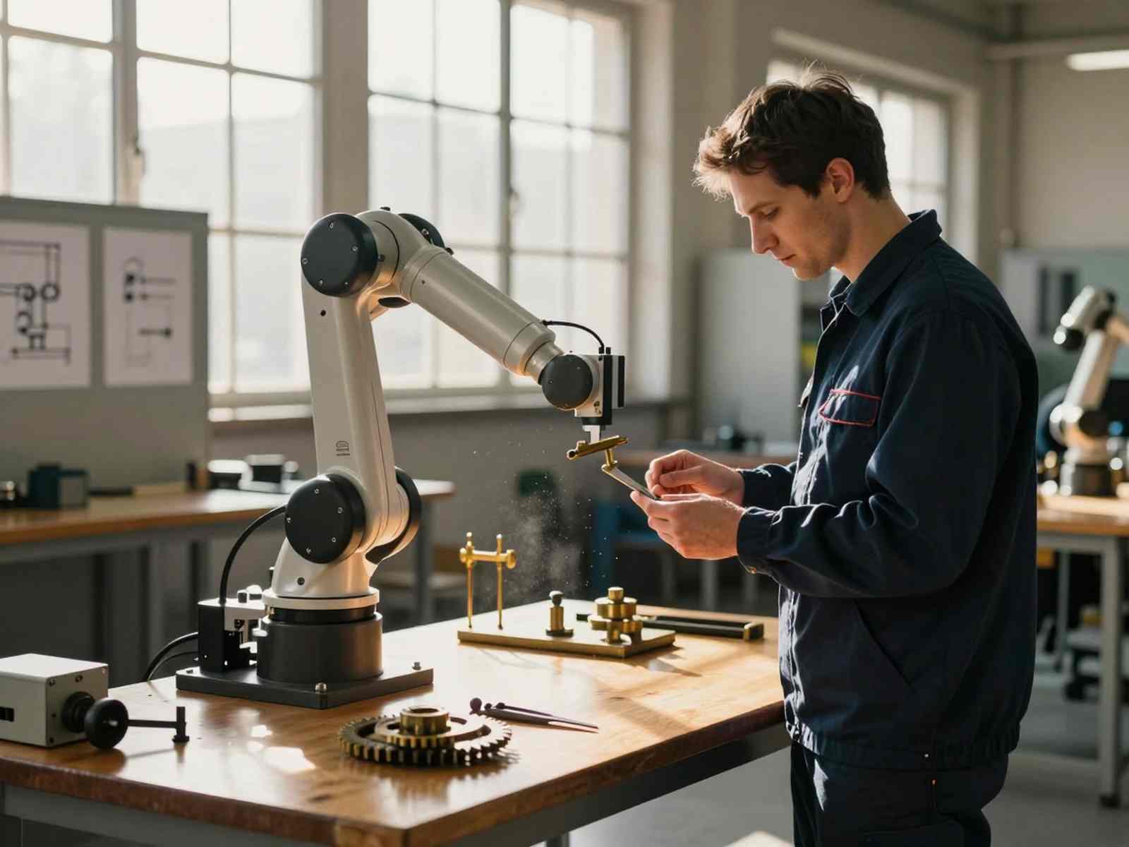 Перечень исчезающих профессий к 2030 году: роботизированный манипулятор рядом с традиционными ручными инструментами в индустриальной мастерской