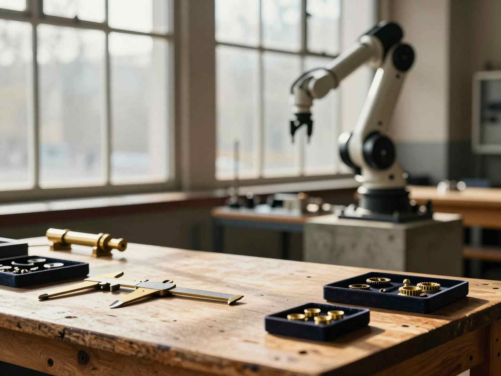 Перечень исчезающих профессий к 2030 году: традиционные ручные инструменты мастера на верстаке рядом с автоматизированным промышленным манипулятором