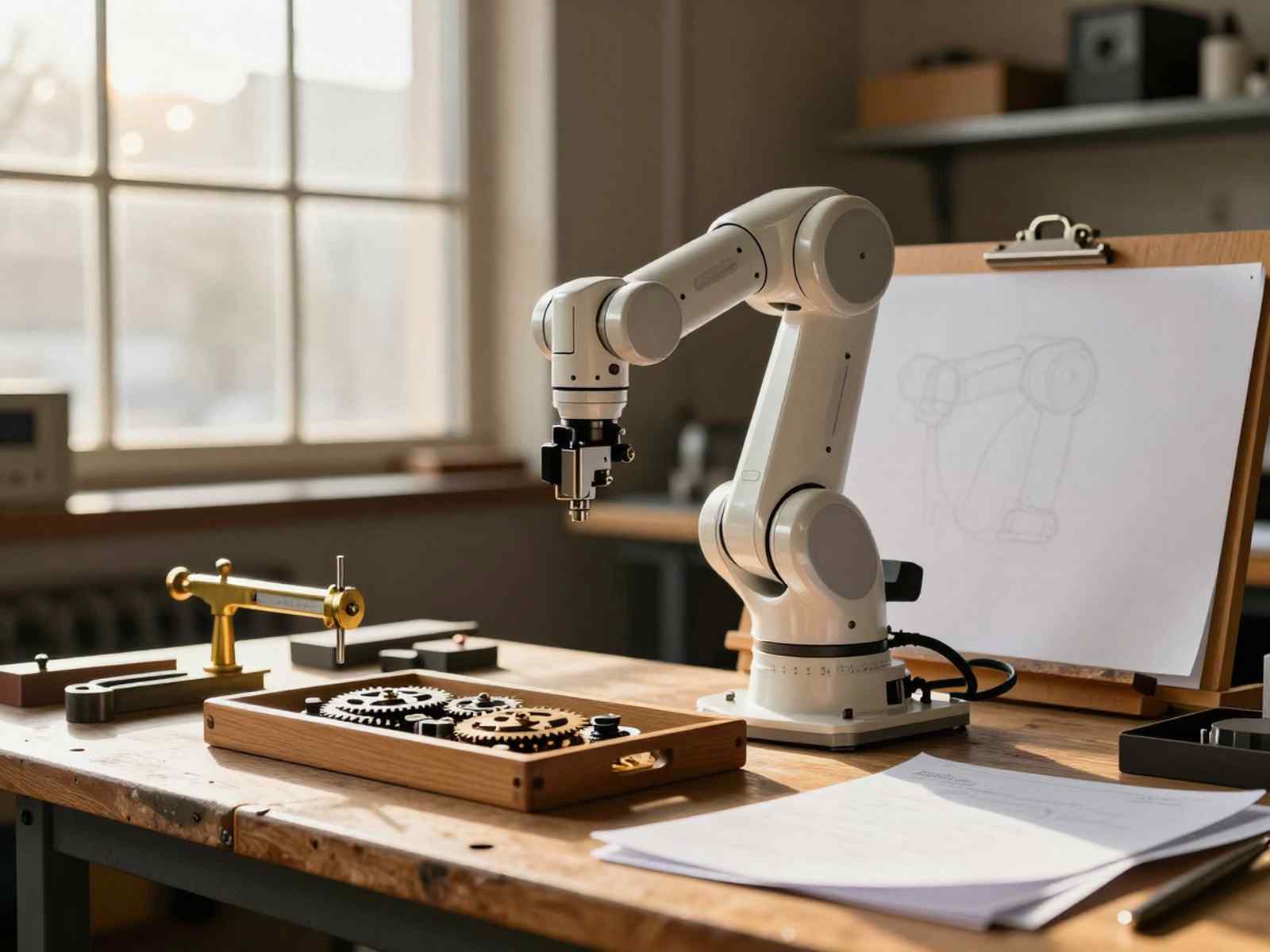Исчезающие профессии к 2030 году: верстак мастера точной механики с традиционными инструментами рядом с роботизированным манипулятором