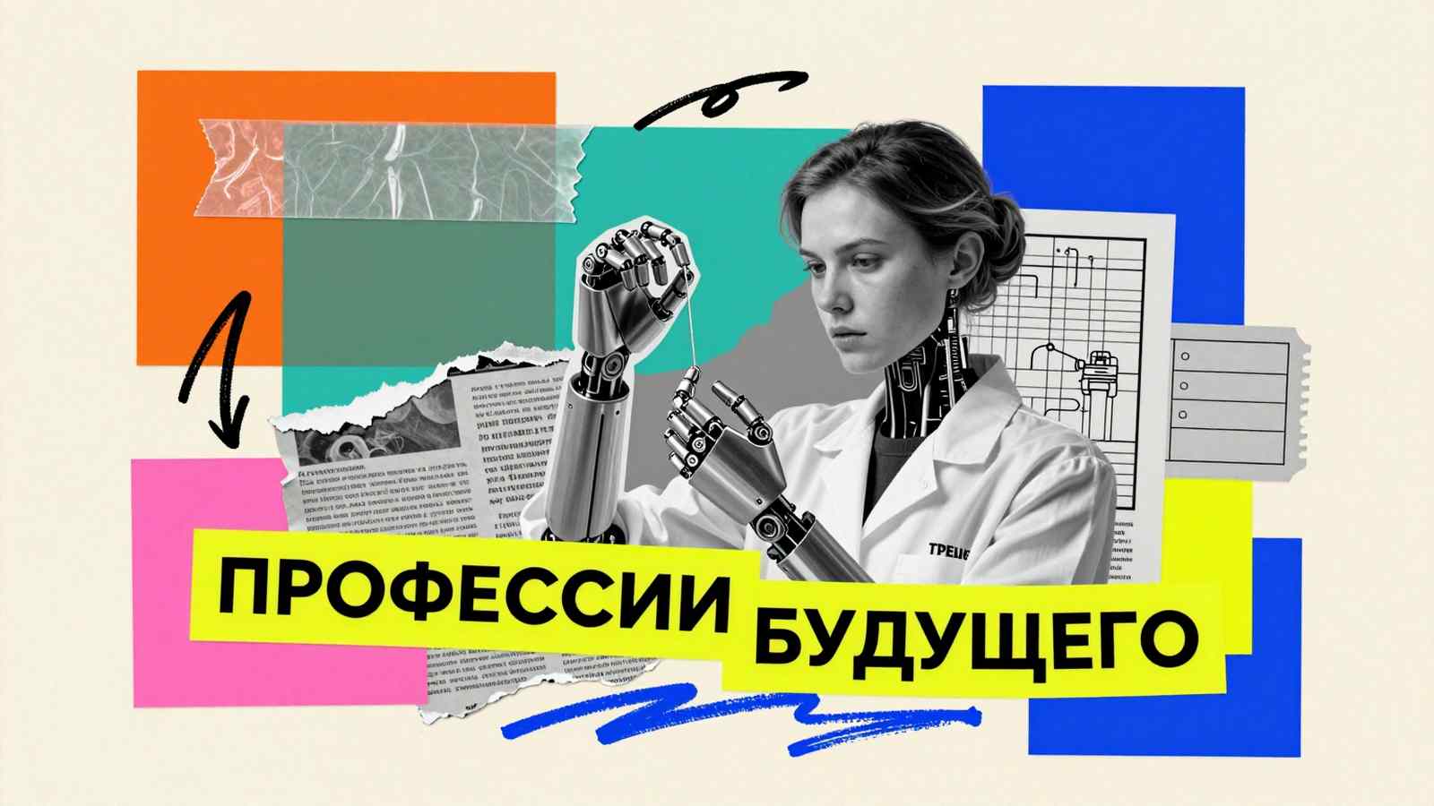 Самые необычные профессии ближайшего десятилетия: креативный коллаж с инженером робототехники, настраивающим механический протез руки.
