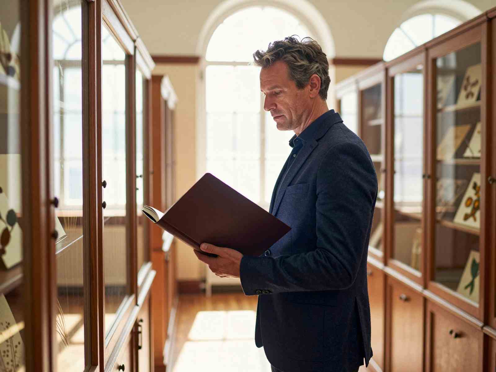 Поступление в аспирантуру после 40 лет: взрослый исследователь с папкой в университетском научном архиве кафедры ботаники