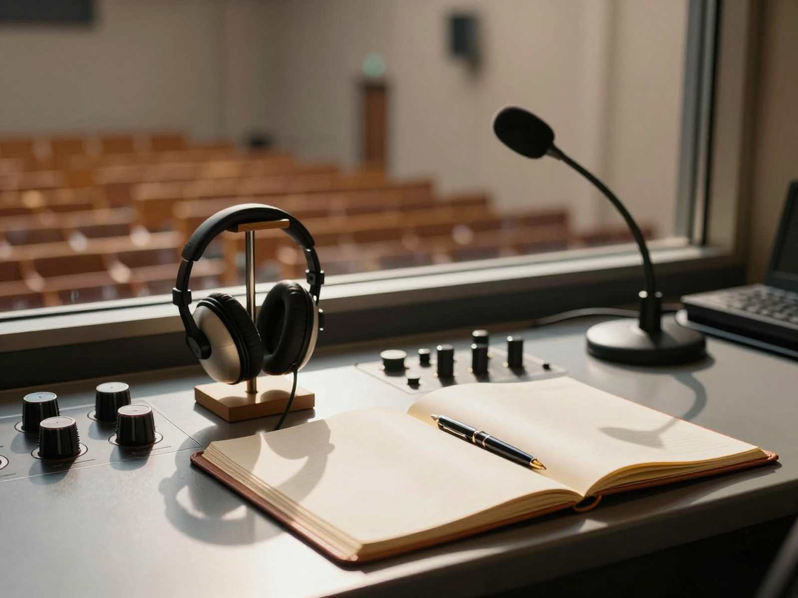 Услуги по переводу текстов: кабина синхронного перевода с аудиооборудованием и параллельными материалами перед академическим залом