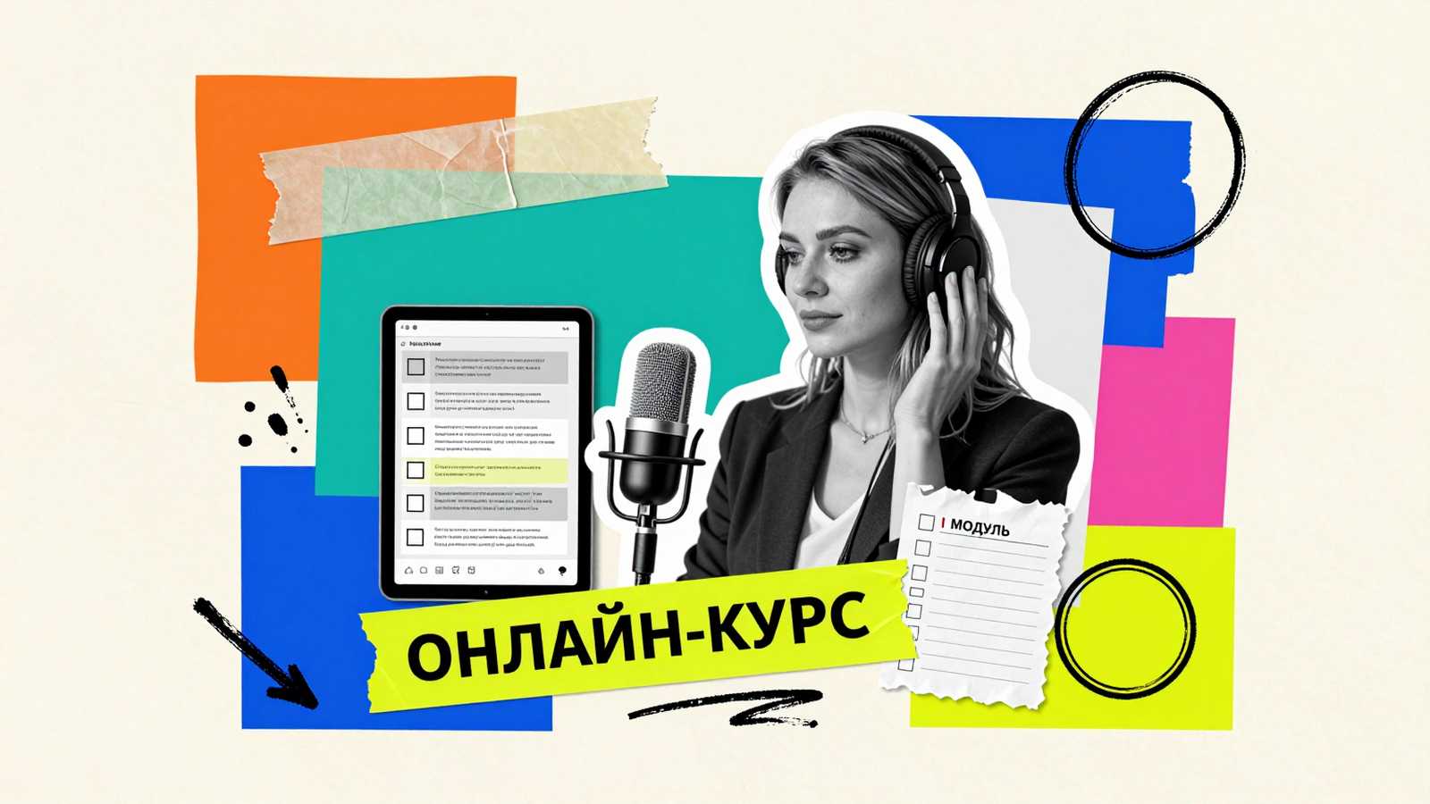 Разработка программ дистанционного обучения: коллаж с методистом в наушниках, студийным микрофоном и модульной структурой онлайн-курса