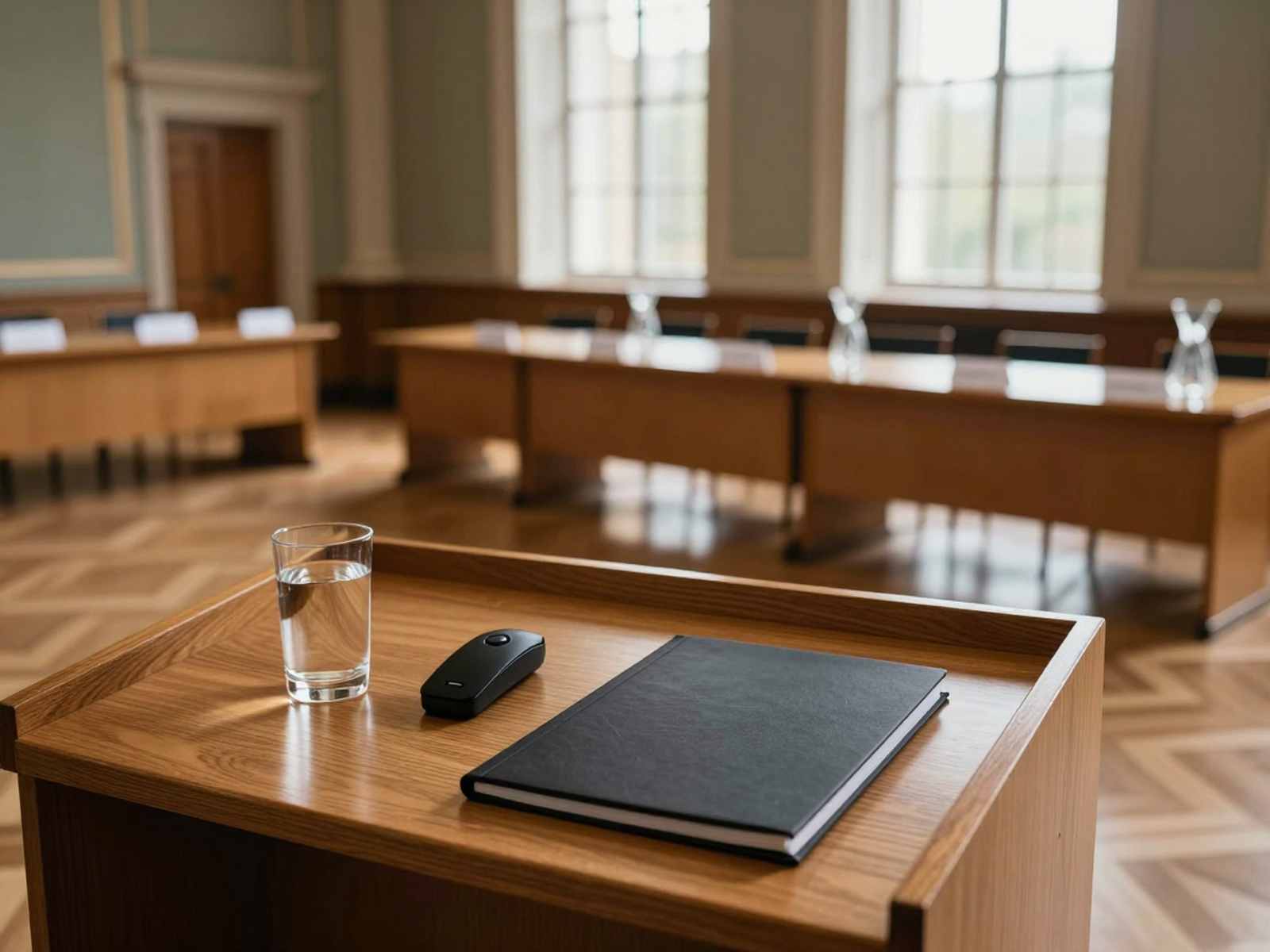 Мифы о защите дипломной работы: трибуна докладчика и подготовленный стол аттестационной комиссии в пустой университетской аудитории