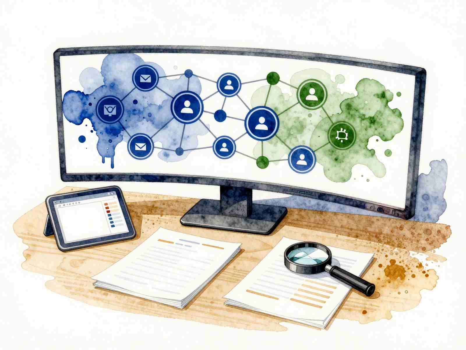 Проверяем достоверность информации в интернете: рабочее место медиааналитика с экраном визуализации интернет-источников и планшетом для фактчекинга