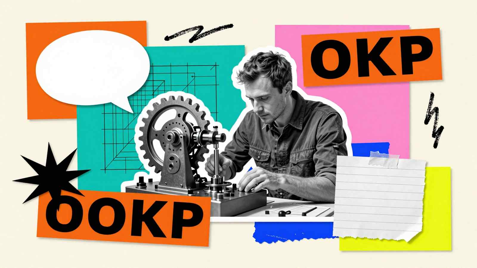 Выполнение опытно-конструкторских работ на заказ: коллаж с инженером, прототипом механизма, чертежами и надписью ОКР