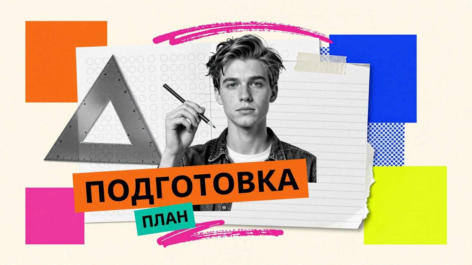 20 советов по правильной подготовке к ГИА: арт-коллаж с портретом старшеклассника, бланком ответов и чертежным треугольником.