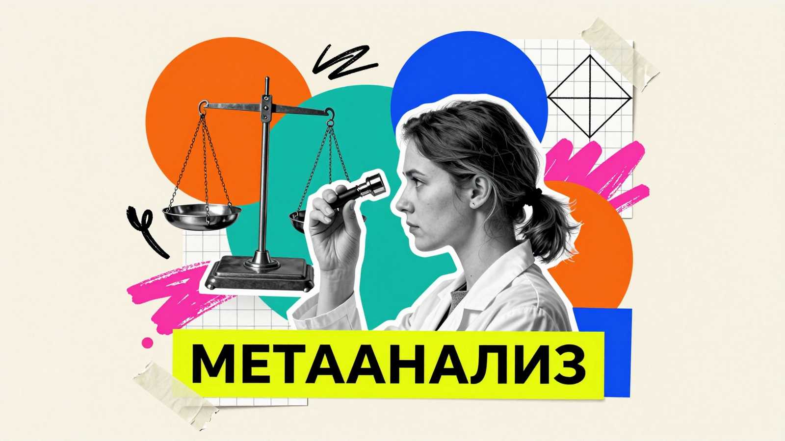 Правила проведения метаанализа: коллаж с исследователем, аналитическими весами и геометрическими маркерами синтеза научных исследований.