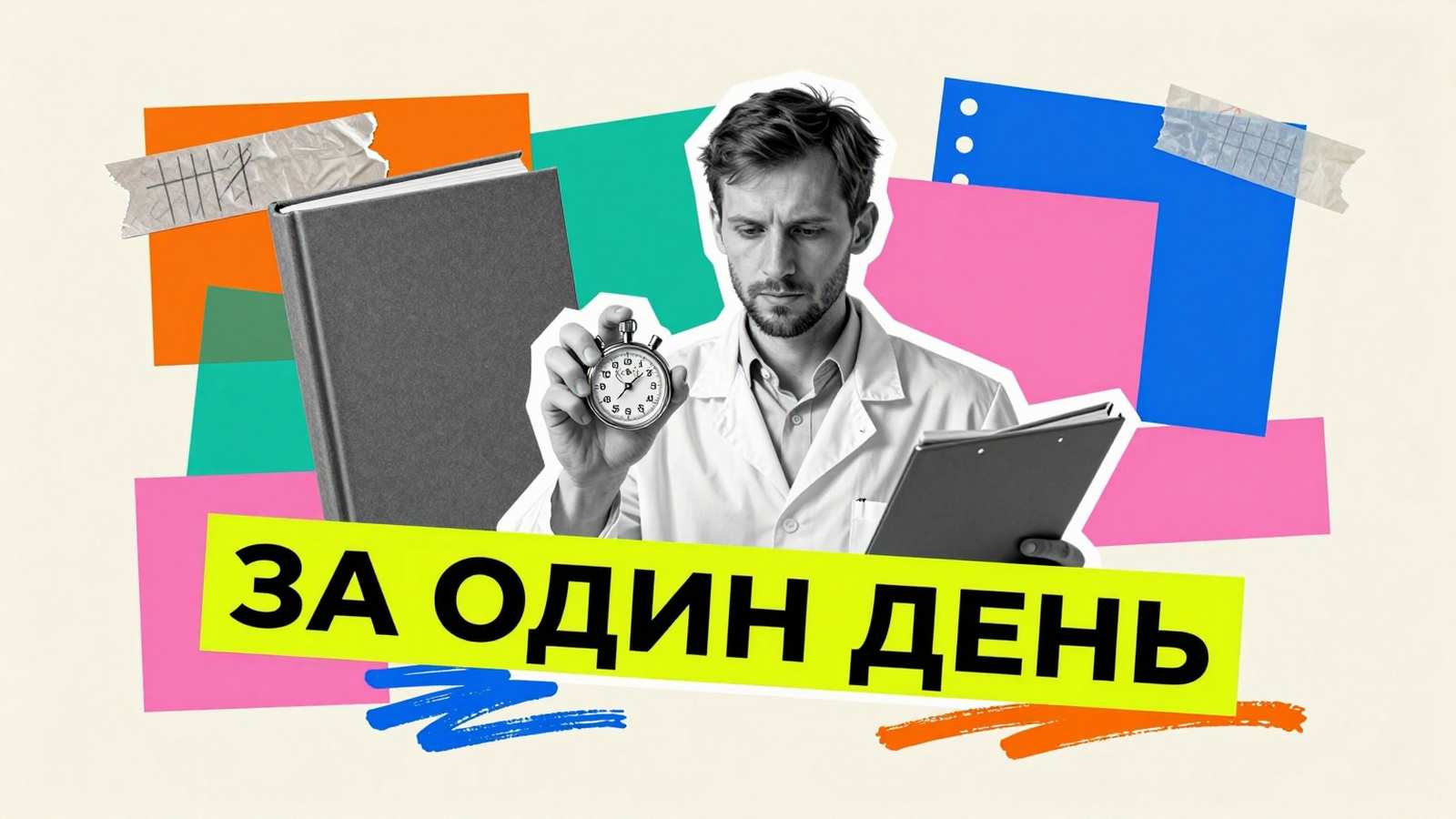 Научно-квалификационная работа аспиранта: концептуальный арт-коллаж с аспирантом, секундомером и твердым переплетом научной монографии.