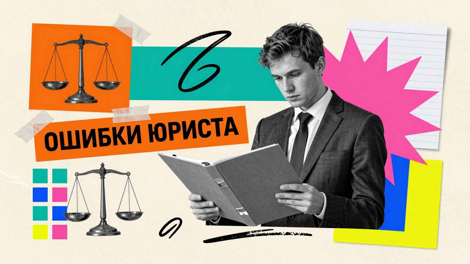 Ошибки при написании дипломной работы по юриспруденции: художественный коллаж с юристом, весами правосудия и папкой юридического дела