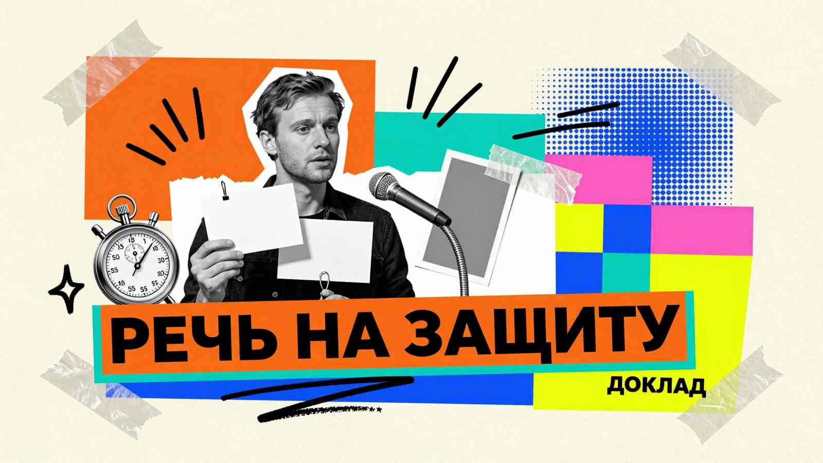 Подготовка речи на защиту проекта: коллаж с выступающим студентом, микрофоном, секундомером и карточками для доклада.