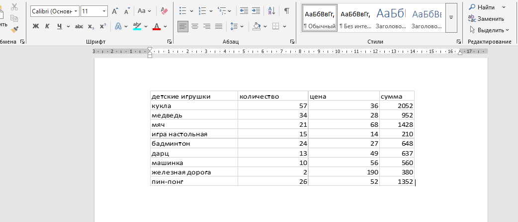 Скопированная из Эксель в Ворд таблица