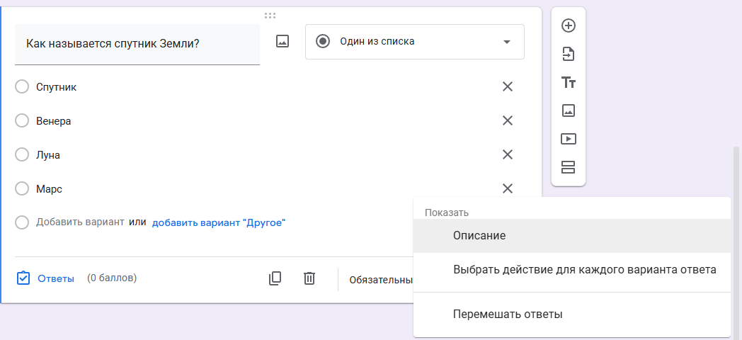 Опция Описание в Google Forms