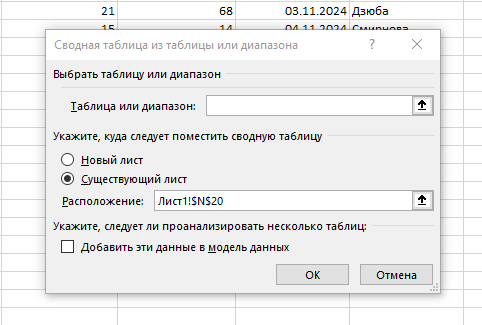 Выбор места для сводной таблицы