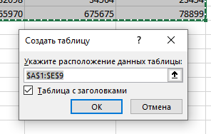 Опция Создать таблицу