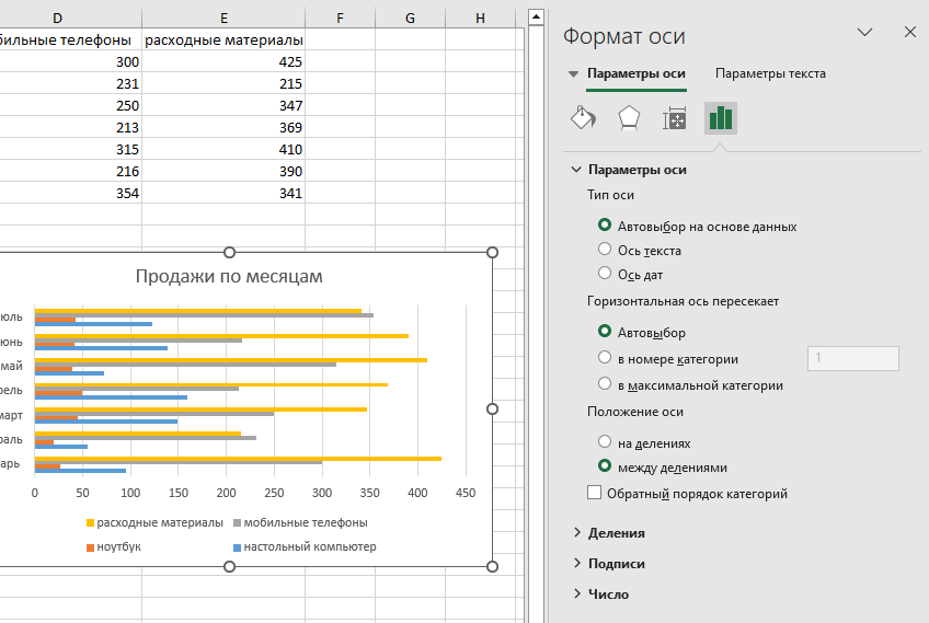 настройка параметров оси графика Выбираем параметры для корректуры