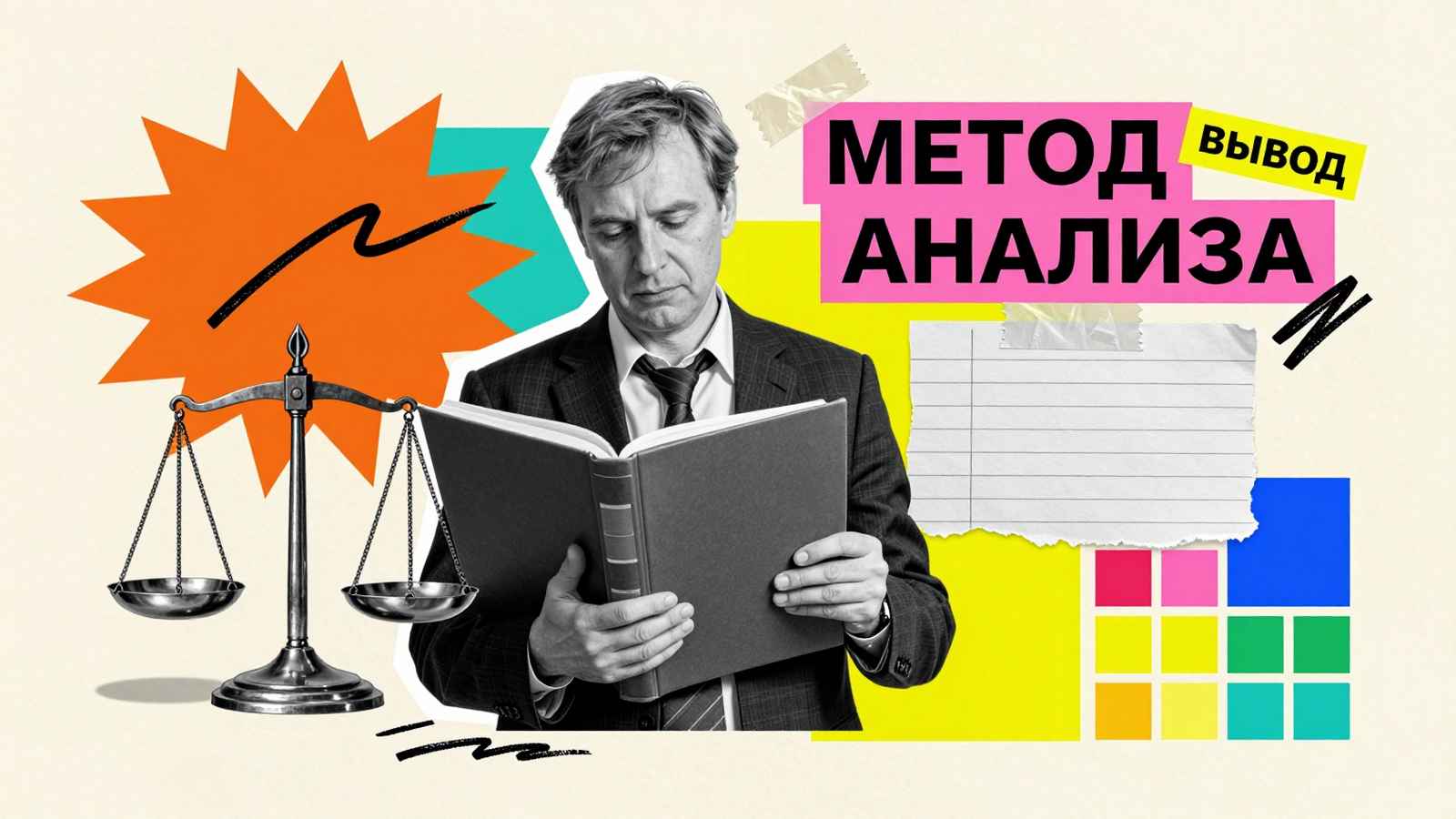 Научные работы по системе IRAC: концептуальный арт-коллаж с юридическими весами, книгой и исследователем правовых норм