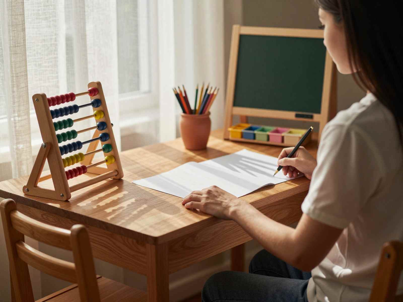 Репетиторство: работа с детьми: подготовленный учебный стол с деревянными счетами, цветными карандашами и детским стулом для частных уроков.