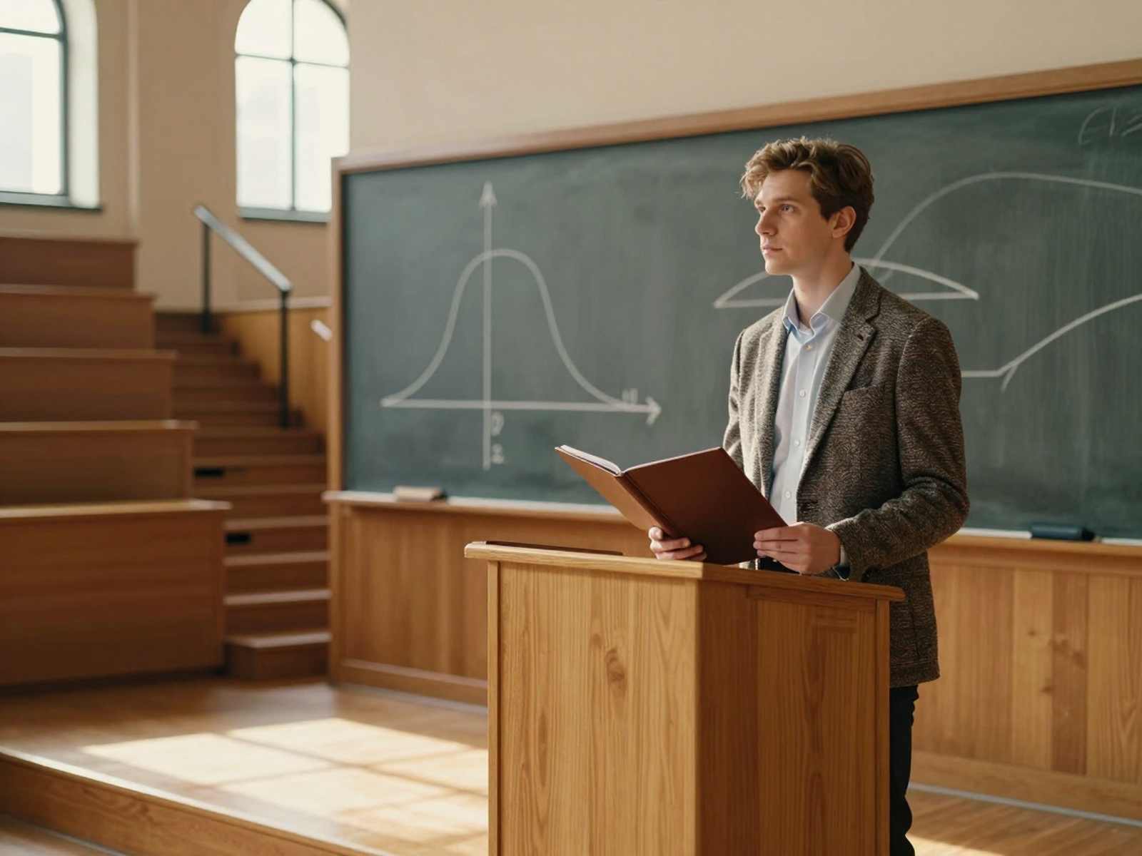 Преподавание: работа по призванию: молодой преподаватель у кафедры в университетской аудитории перед началом научной лекции