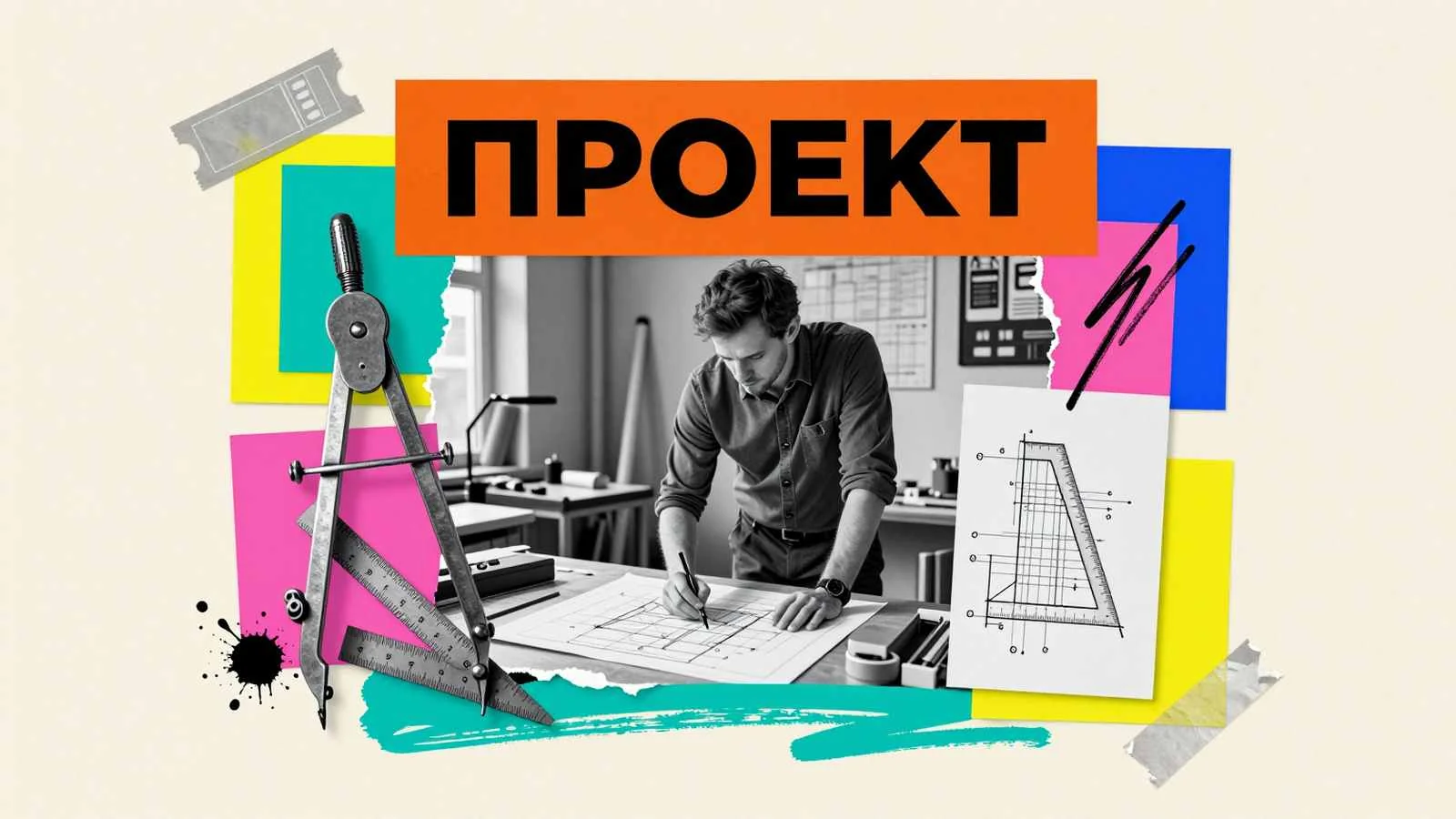 Выполнение чертежей на заказ: чертежный стол с кульманом, треугольной линейкой, циркулем и инженерными графическими схемами