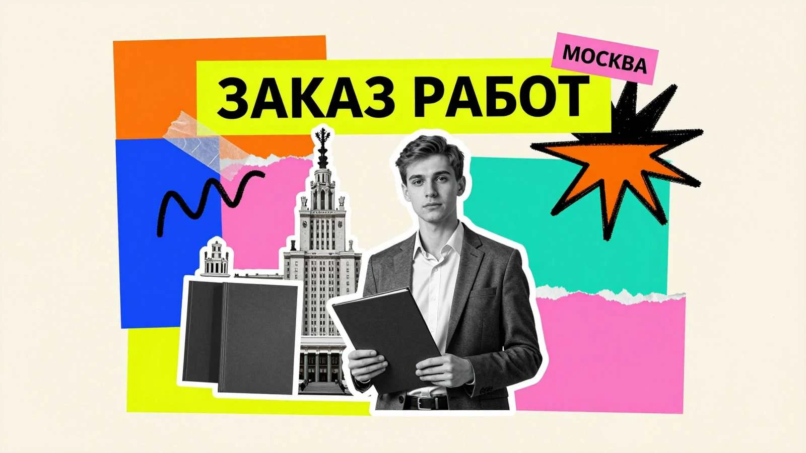 Курсовые работы и дипломные проекты на заказ в Москве: консультант с папкой научных материалов на фоне силуэта университетской высотки и готовых переплетных томов