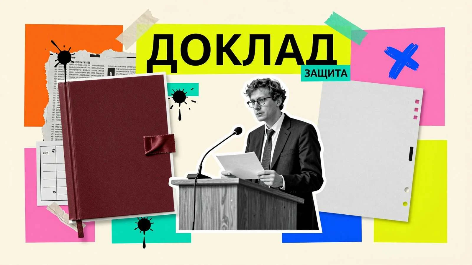 Предоставление рукописи в диссертационный совет: академическая трибуна с микрофоном и переплет рукописи перед защитой
