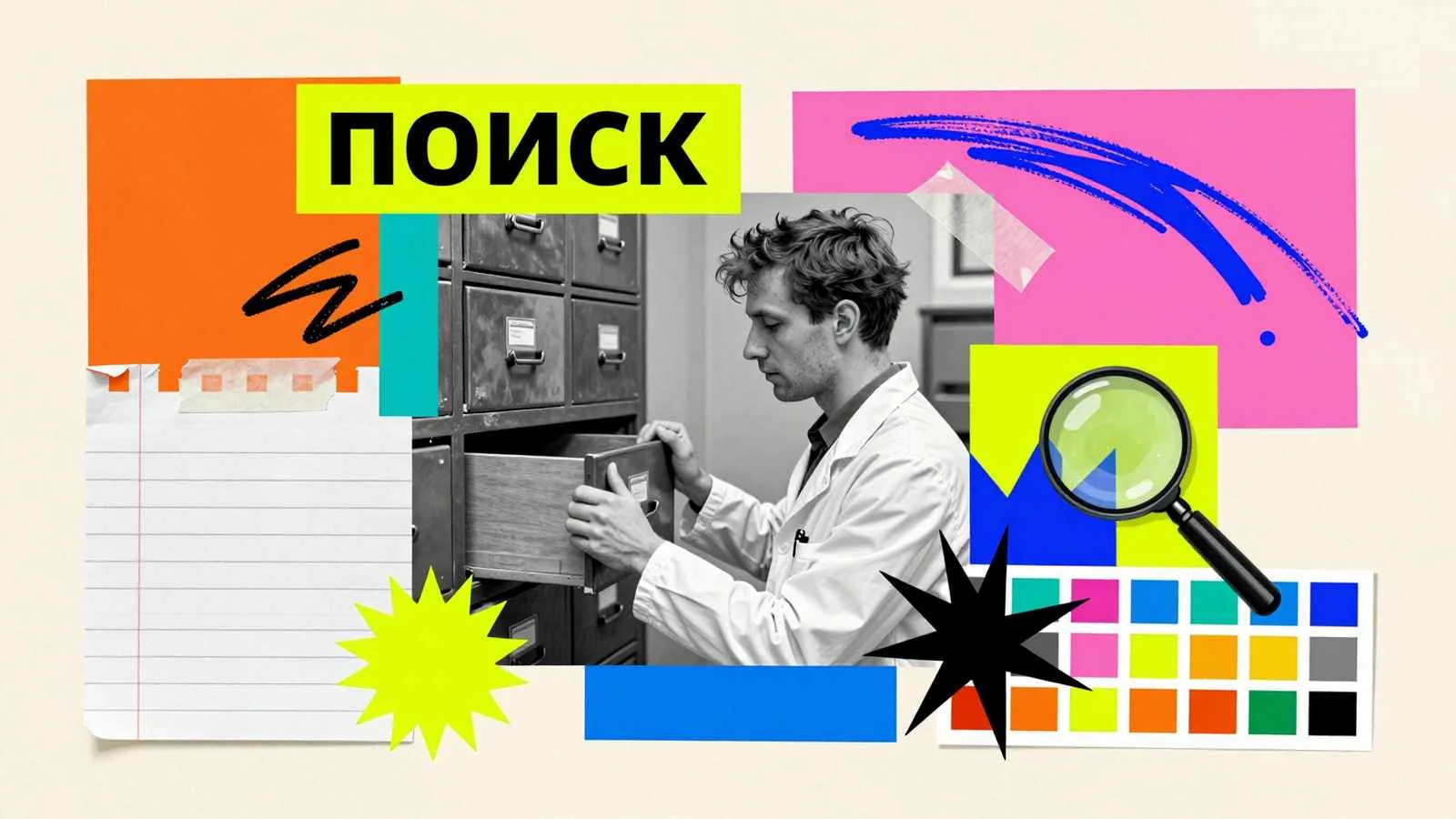 Поиск источников информации: архивный картотечный ящик с документами и увеличительная лупа исследователя