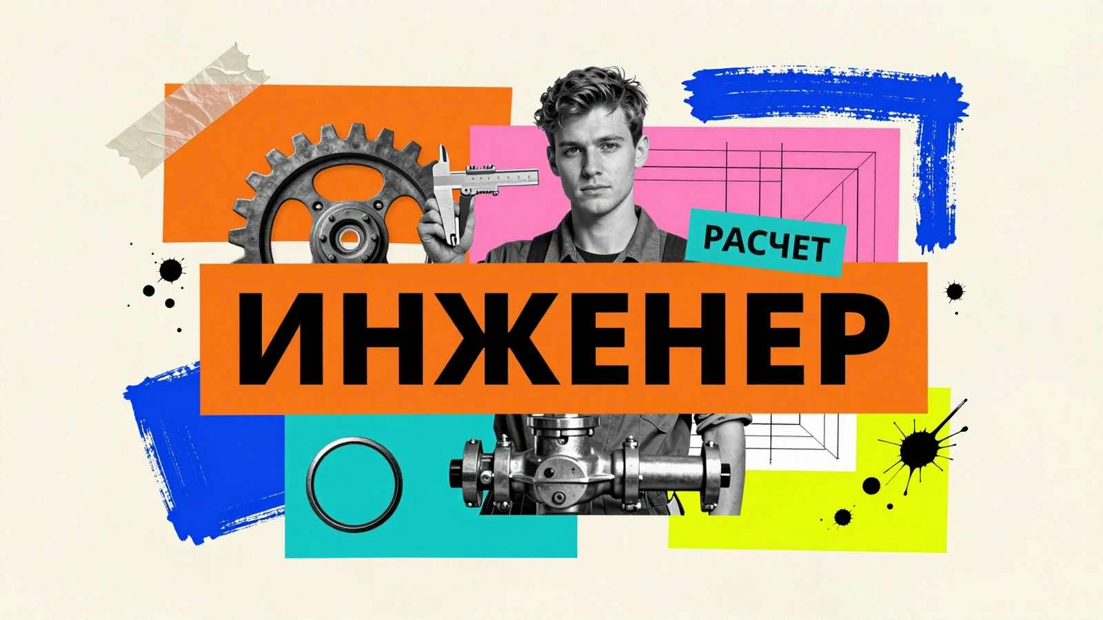 Решение технических задач для инженера: специалист со штангенциркулем рядом с гидравлическим узлом, шестеренками и схемами механизмов