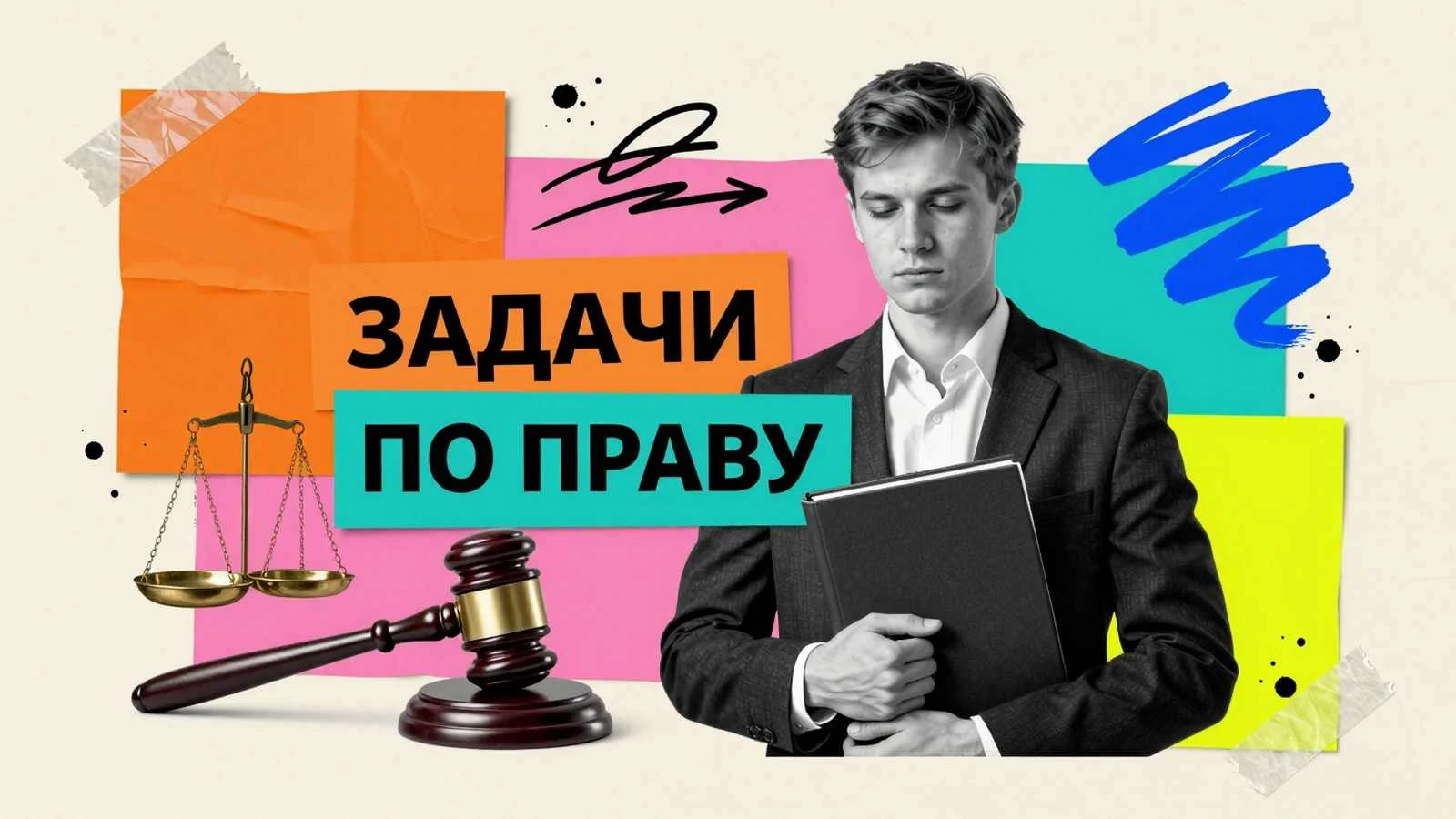 Задачи по праву: студент-юрист с судебной папкой, весы правосудия и судейский молоток