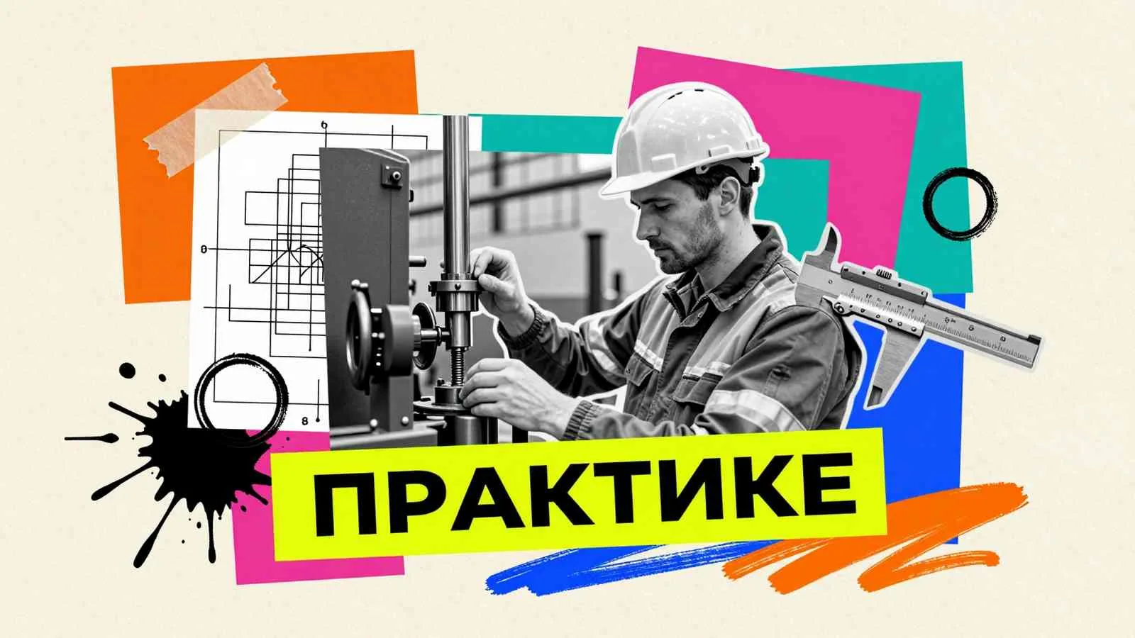 Практическая значимость исследования: инженер на производстве и технические чертежи, иллюстрирующие внедрение научных результатов на практике