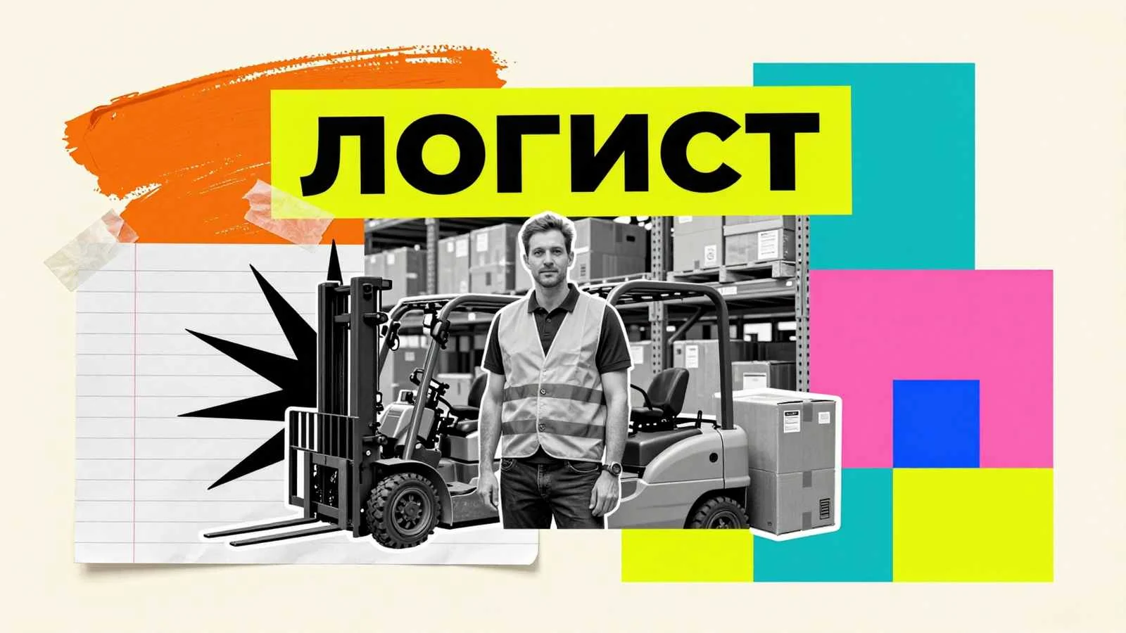 Магистерская диссертация по логистике: координатор на фоне складских стеллажей, электропогрузчика и упакованных грузовых коробок