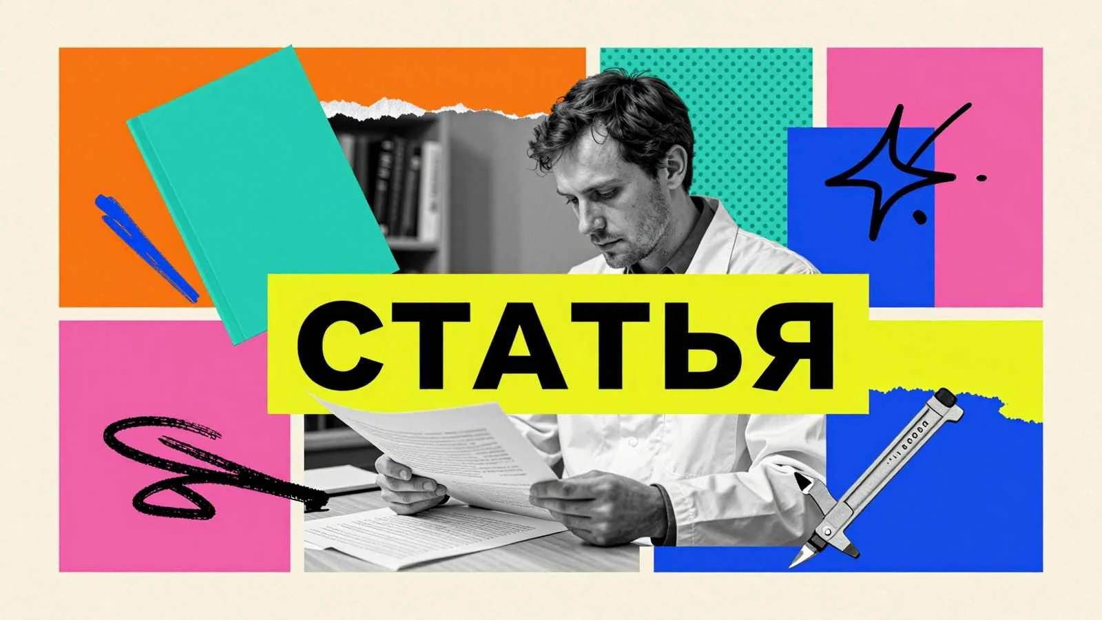 Купить научную статью: исследователь за проверкой макета публикации, научный журнал и измерительные чертежные инструменты на рабочем столе