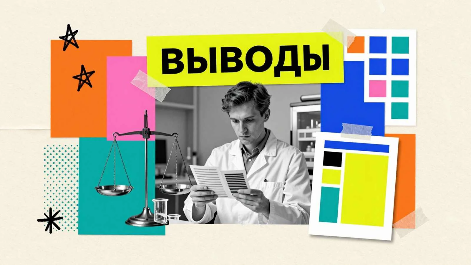 Обобщение результатов научного исследования: исследователь со сводными материалами анализа и лабораторными весами